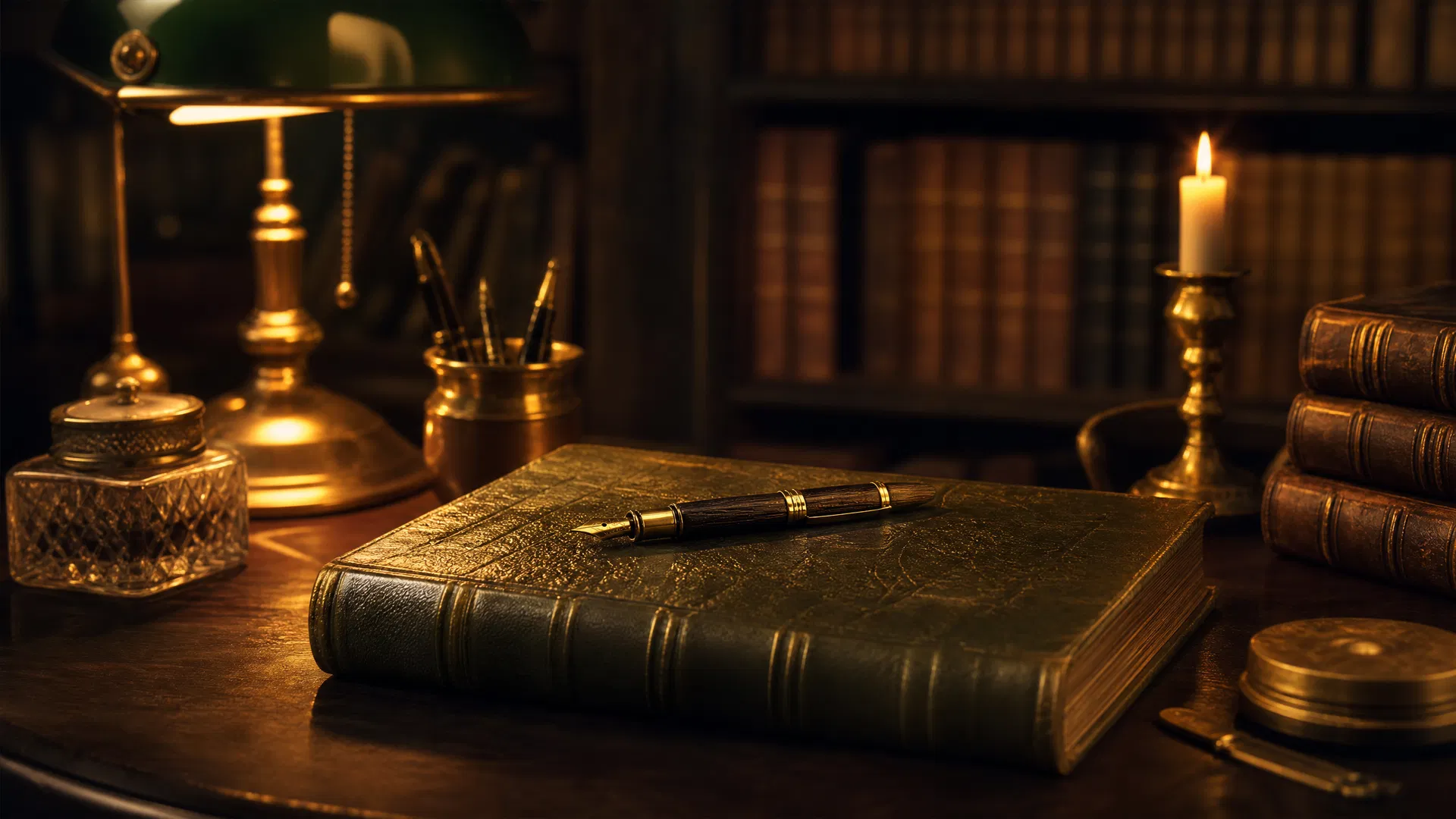 A warm vintage writing desk with an open journal and fountain pen